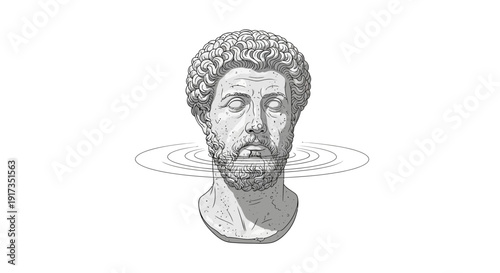 Ancient Roman Bust Sculpture Emerging from Rippling Water, Symbolizing Philosophy and Thought