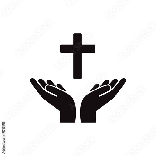 Minimal black silhouette of open hands holding a cross, symbolizing Christian faith, prayer, hope, protection, and spiritual devotion. Ideal for church logos, ministry branding, and worship designs.