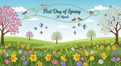 Vibrant spring landscape with blooming flowers trees and birds on a sunny day with fluffy clouds