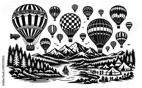 Line art illustration of hot air balloons and an airship over a mountainous landscape with a camping festival scene for outdoor adventure