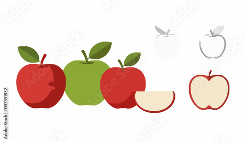 Cute cartoon apple flat vector illustration fruit character set