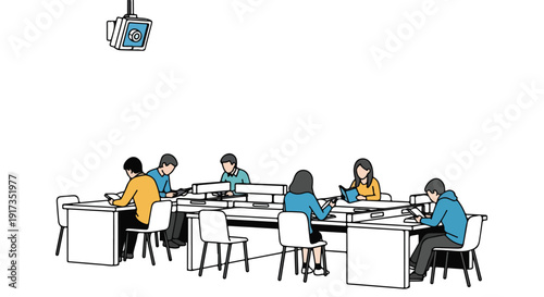 Illustration of people sitting at a table in a public area with a CCTV camera above, engaged in a meeting or discussion.