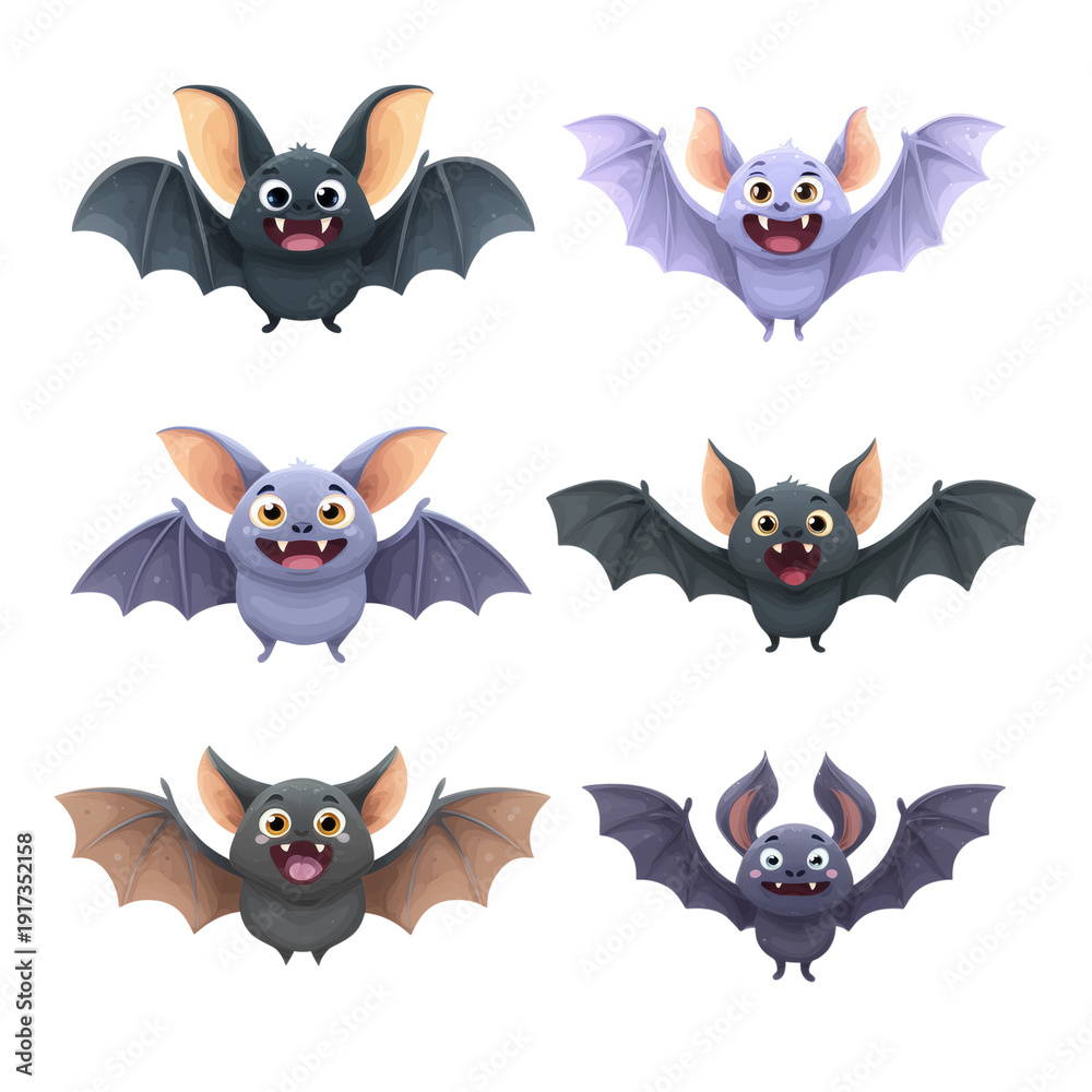 Fototapeta premium Collection of six cute cartoon bats with large ears and wings flying in different poses isolated on transparent background