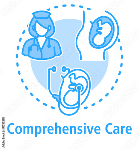 Comprehensive Care blue concept icon with Gynecologyst, Pregnancy, Prenatal Check Up.