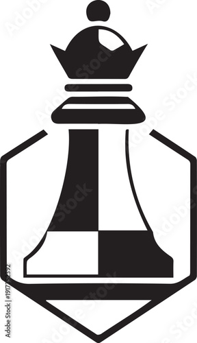Black and white chess queen piece vector illustration. This graphic features a stylized queen chess piece, half black and half white, enclosed within a hexagonal frame