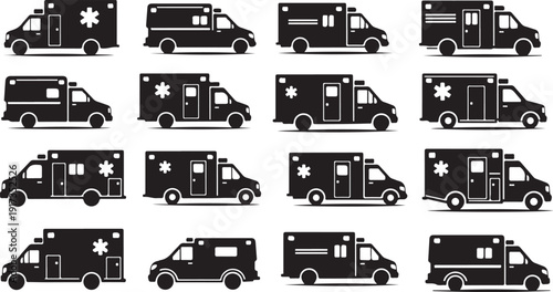 Collection of ambulance vehicles in black and white icons