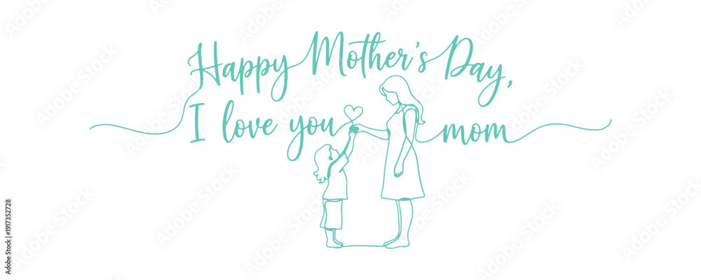 Naklejka premium Happy Mother's Day! I love you, Mom! This is all in handwritten calligraphy. The design features a child's drawing of a colorful heart, giving love to Mom on a white background banner.