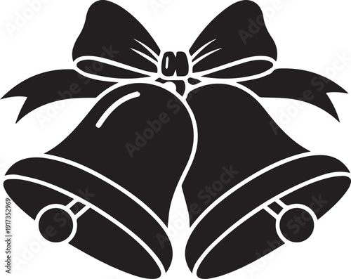 Two black silhouette wedding bells with a decorative bow at the top, symbolizing celebration and special occasions. This vector illustration is isolated on a transparent background.