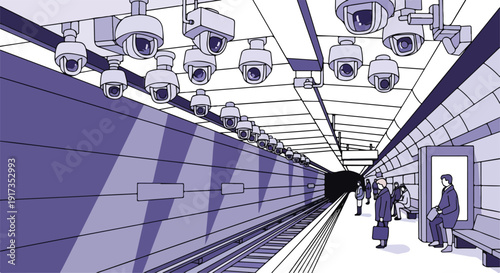 Illustration of a public area with multiple CCTV cameras installed on the ceiling, monitoring a subway or train station with people walking in the distance.