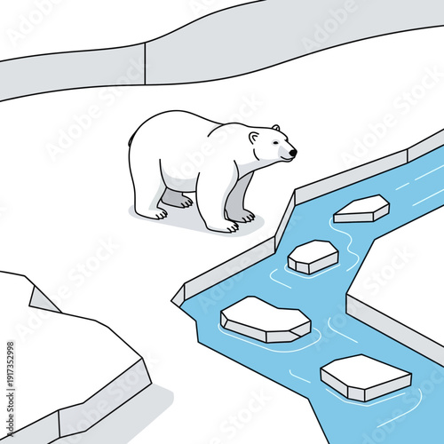 Polar bear standing on melting ice floes in the Arctic.