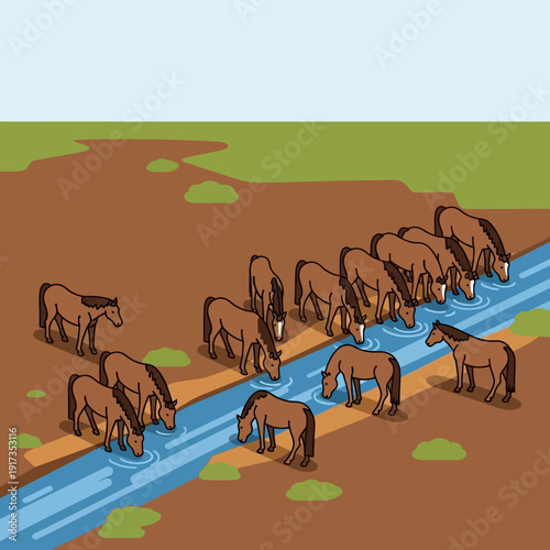 Herd of horses drinking from a watering trough outdoors.