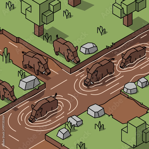 Isometric illustration of pigs bathing in a muddy waterway.