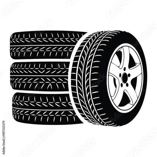 Automobile rubber tires stack icon Silhouette vector black on a white background