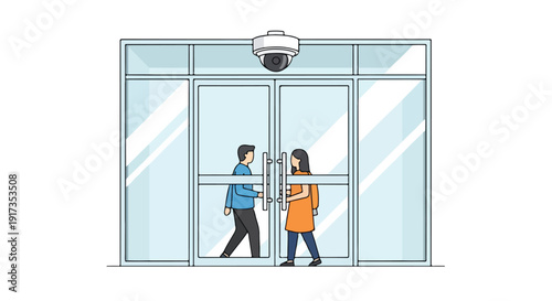 Illustration of two people walking through automatic glass doors with a CCTV camera above in a public area.