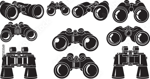Collection of various binoculars in black and white illustration
