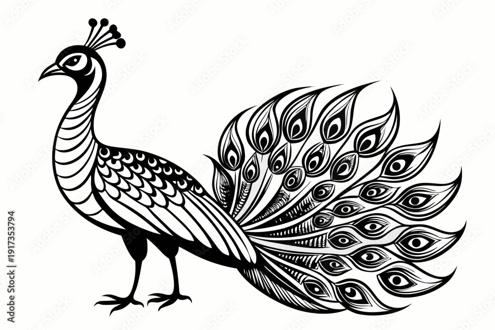Obraz premium A black and white illustration of a peacock with its feathers spread out in a beautiful display