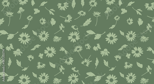 Chamomile Flower Background Pattern Vector in Sage Green, Organic Rustic Hand Drawn Botanical Daisy Floral Drawing Illustration, Minimalist Herbal Nature Leaves Silhouette Design, Aesthetic Wallpaper
