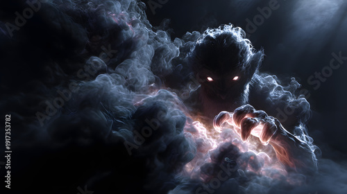 Multi-eyed shape-shifting demon emerging from swirling black smoke surreal dark fantasy