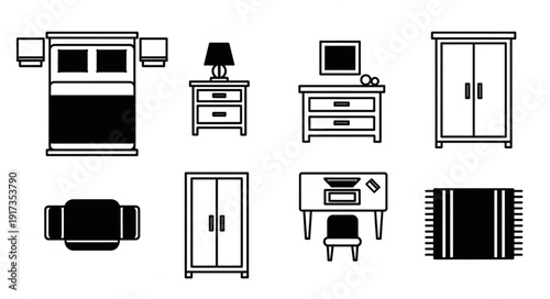 Collection of simple line art furniture icons for interior design.
