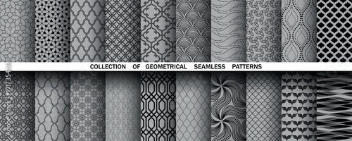 Geometric set of seamless black and gray patterns. Simple vector graphics