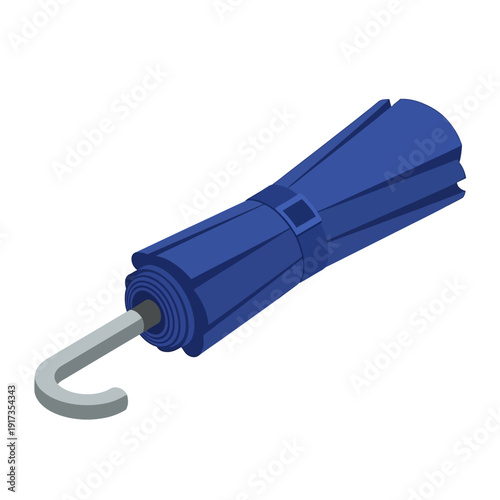 Compact blue umbrella with metal hook on a white background.