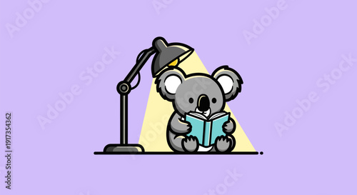 Koala reading under lamp illustration