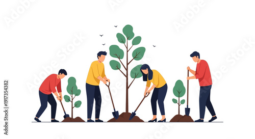 Diverse Group Planting Trees with Shovels, Environmental Flat Illustration