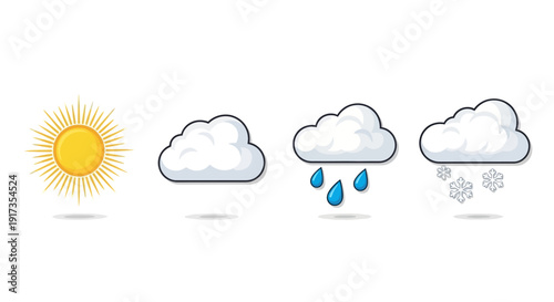 Cartoon Weather Icons: Sun, Clouds, Rain, and Snow