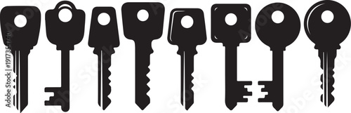 Collection of various black keys on white background