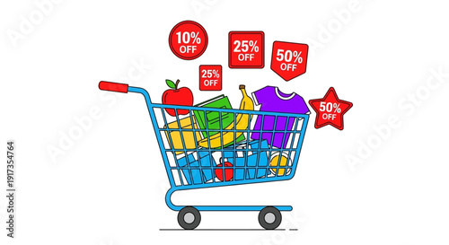 Colorful shopping cart filled with diverse items and surrounded by red percentage off discount tags