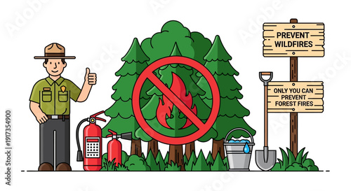 Forest Ranger Promoting Wildfire Prevention with Tools and Warning Signs