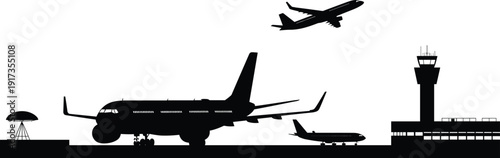 Airport Scene Silhouette with Airplanes and Control Tower on White Background Keywords: airport, airplane, aircraft, jet