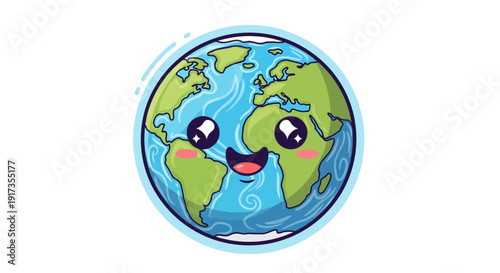 Happy Cartoon Earth Globe with Smiling Face and Green Continents