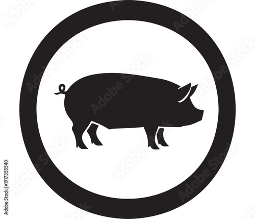 Black silhouette of a pig standing in profile, enclosed within a bold black circular border, isolated on a transparent background. Created in a flat vector style with a monochrome palette.