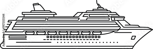 Black and white illustration of a large cruise ship