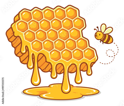 Cute cartoon illustration of a honeycomb and a bee depicting dripping honey and flying for natural products