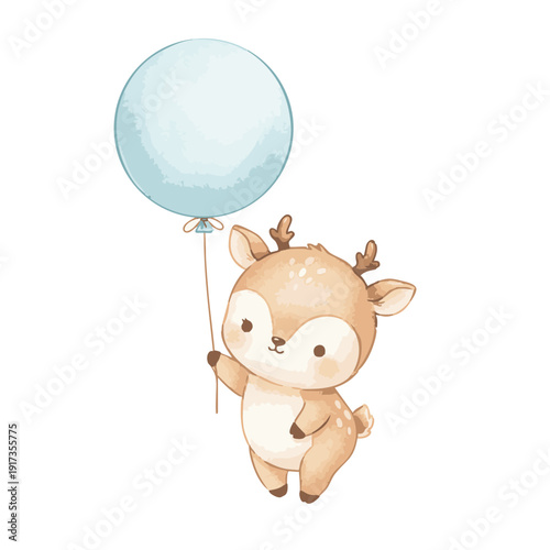 Cute baby deer holding a light blue balloon.