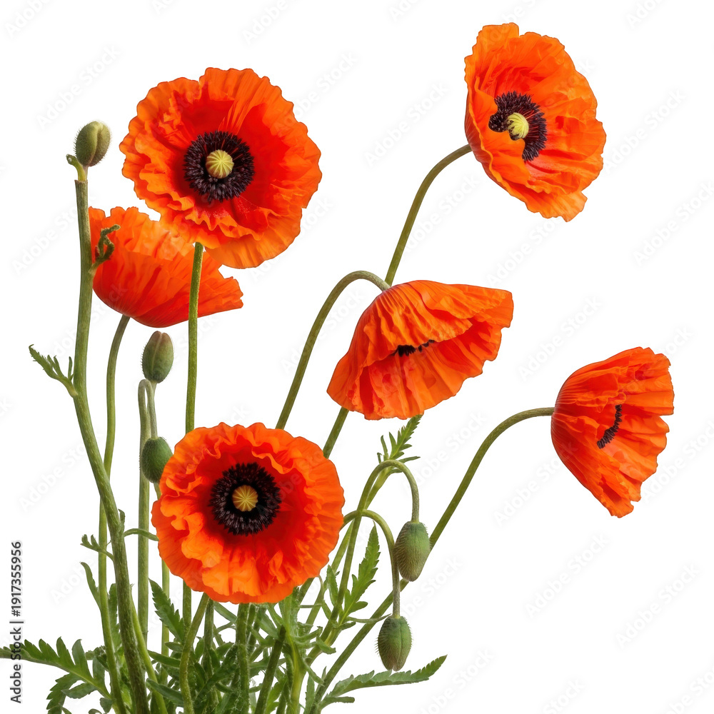 Obraz premium Vibrant orange poppies with green stems and buds isolated on transparent background