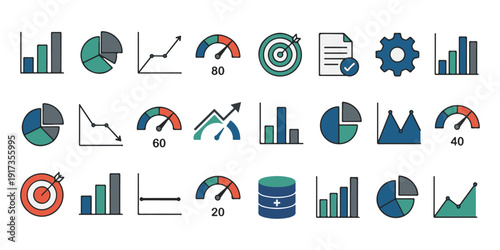 Analytics Dashboard Icon Set for UI UX Design with Statistics, Bar Chart, Pie Chart, and Performance Metrics Icons