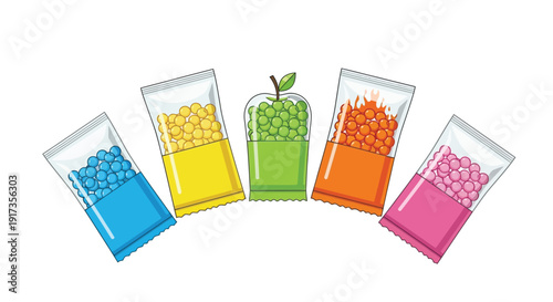 Illustration showcasing five colorful small packets of popping boba pearls or juice balls with a central apple-shaped container of green pearls