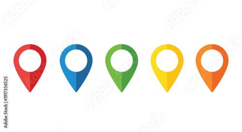 Five vibrant location pin icons in red blue green yellow and orange