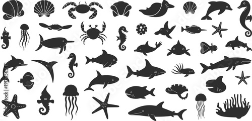 Marine Life Silhouette Vector Collection with Fish, Sharks, Dolphins, Seahorses, Jellyfish and Ocean Animals Icon Set