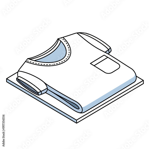 Illustration of a white iron and ironing board on a plain background.