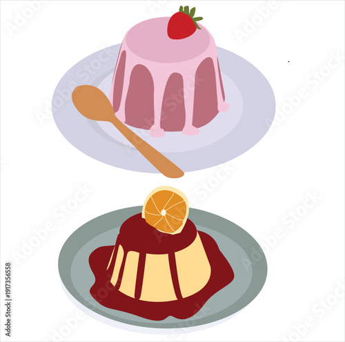strawberry and caramel pudding.Pudding dessert icons, layered jelly with cream, strawberry topping bowls, 
