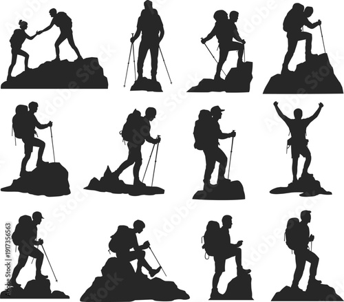 Mountain Hiking Silhouette Vector Collection with Backpackers Climbing, Trekking and Reaching Summit on Rocky Peaks