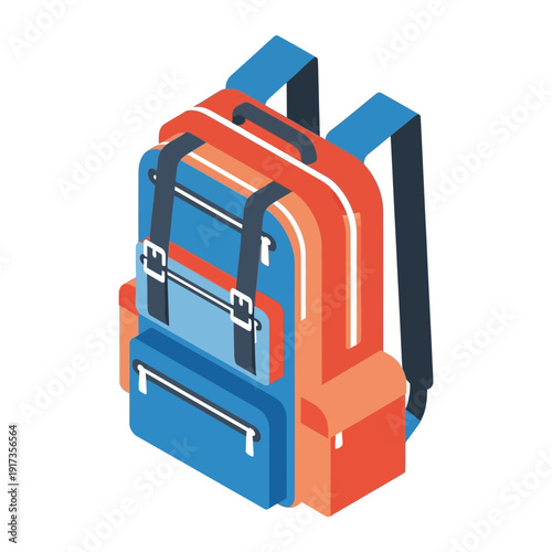 Colorful illustration of a blue and orange backpack with multiple pockets.