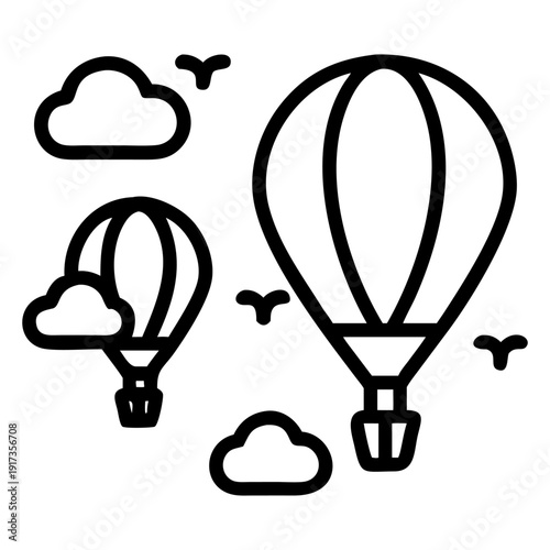 Two hot air balloons ascend into the sky alongside scattered clouds and small bird silhouettes in a minimalist outline drawing.