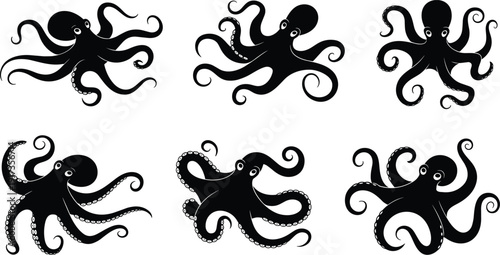 Octopus Silhouette Collection with Curled Tentacles and Marine Sea Creature Designs Isolated on White Background Vector Set