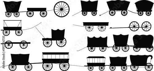 Old Western Covered Wagon and Pioneer Cart Silhouette Set with Vintage Frontier Transport Vector Illustration Collection