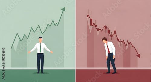 Business success and financial market decline concept with confident businessman and sad trader showing trends